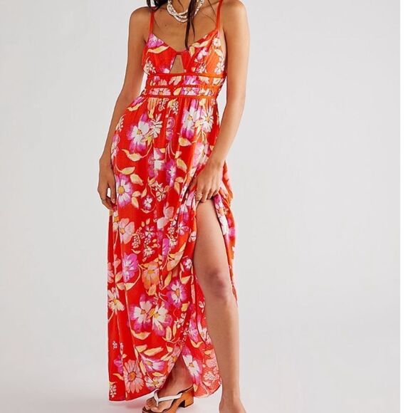 Wisteria Floral Print V-Neck Cut-Out Sleeveless Open Tie Back Detail Max… - Picture 1 of 6